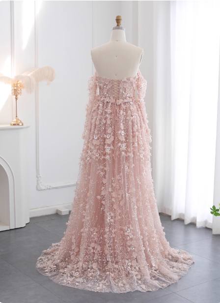 Princess Pink Train Off-The-Shoulder 3D Floral Tulle Prom Dresses Evening Dresses