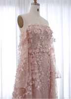 Princess Pink Train Off-The-Shoulder 3D Floral Tulle Prom Dresses Evening Dresses