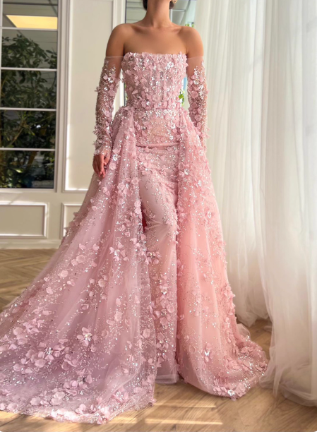 Princess Pink Train Off-The-Shoulder 3D Floral Tulle Prom Dresses Evening Dresses