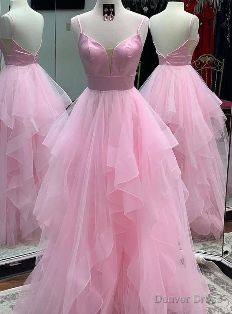 Princess Pink Tulle Spaghetti Straps Prom Dress Main image