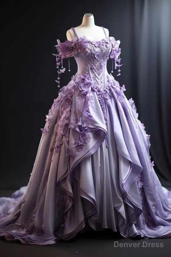 Princess Prom Dresses Lilac 3D Floral Pleated Prom Gowns Sweet 16 Ball Gowns