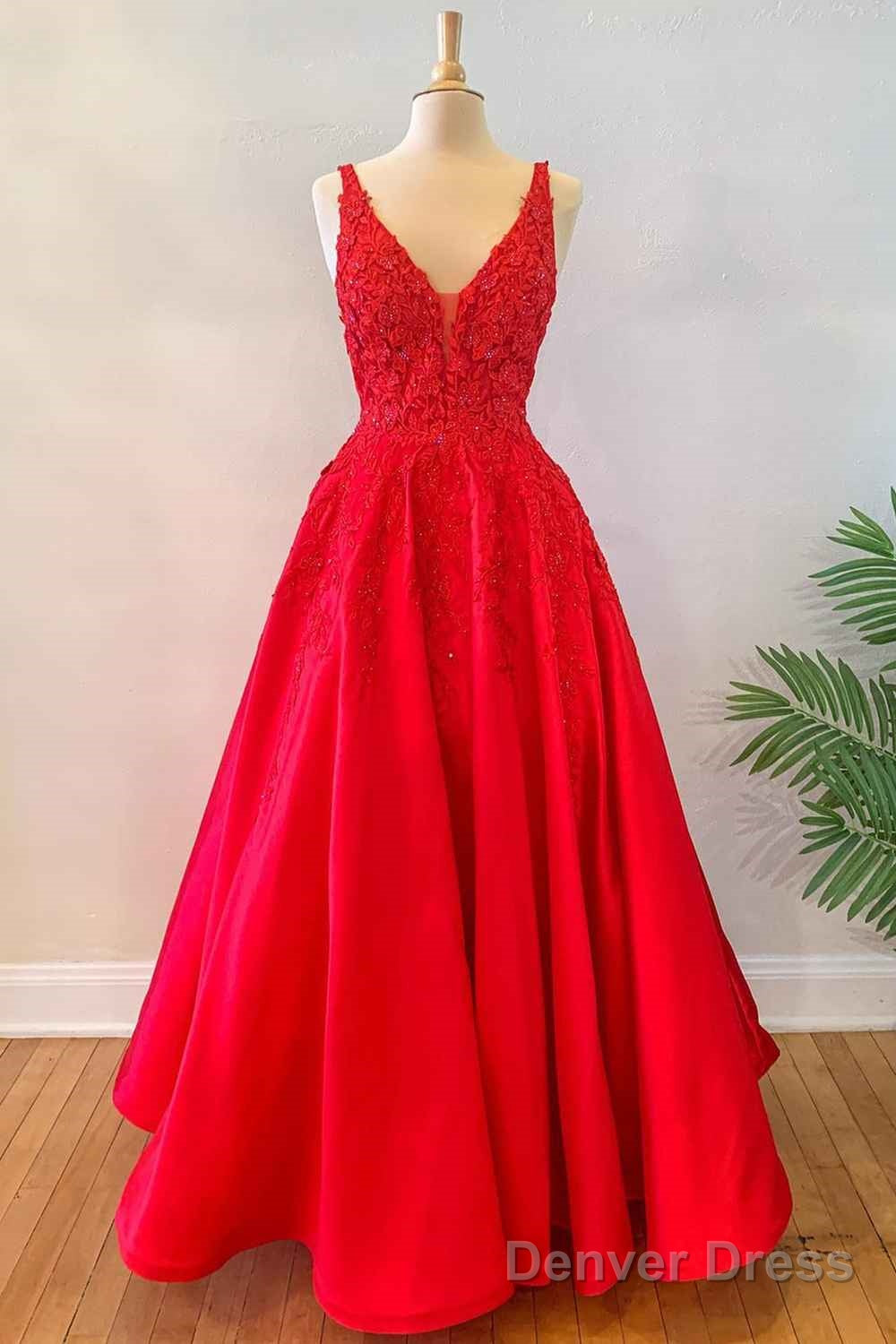 Princess Red Floral A Line Satin Long Prom Dresses