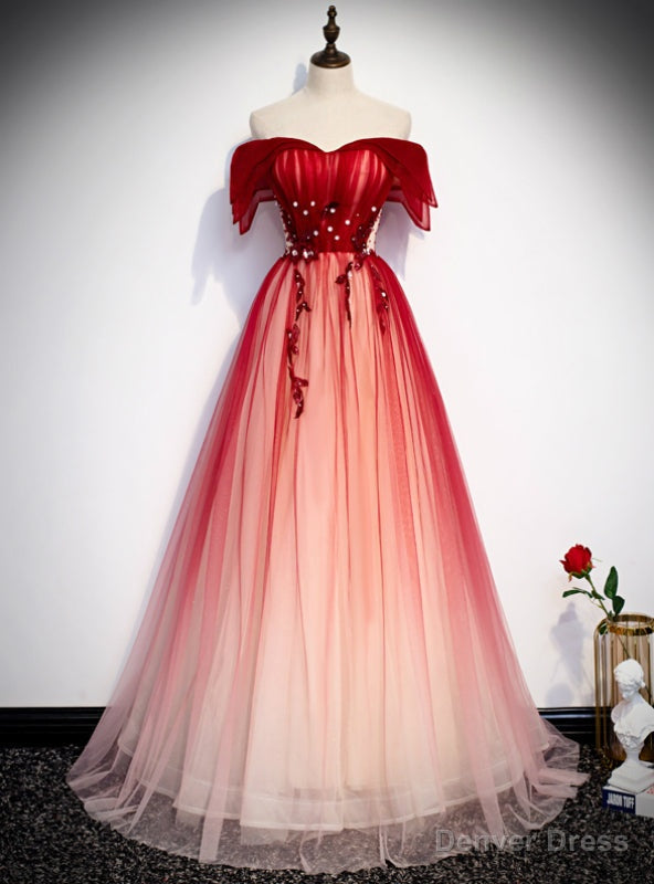 Princess Red Tulle Off the Shoulder Beading Prom Dresses Main image
