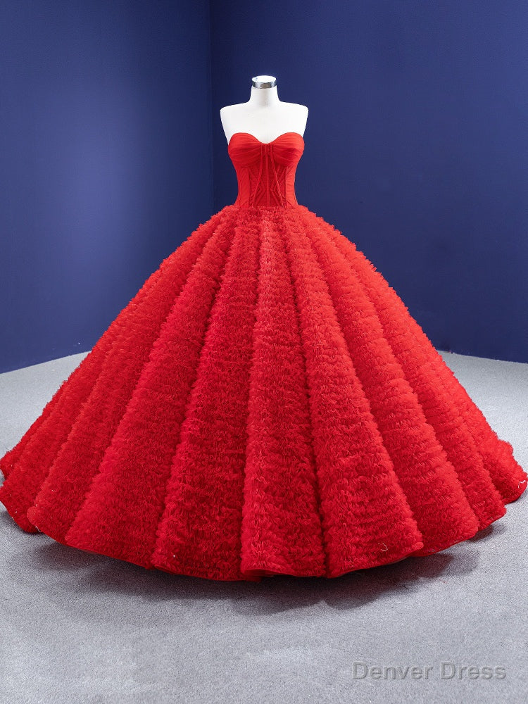 Princess Red Tulle Strapless Pleats Prom Dresses Main image