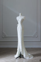 Princess Sheath High Neckline White Sequin Long Wedding Dresses Brides Dresses