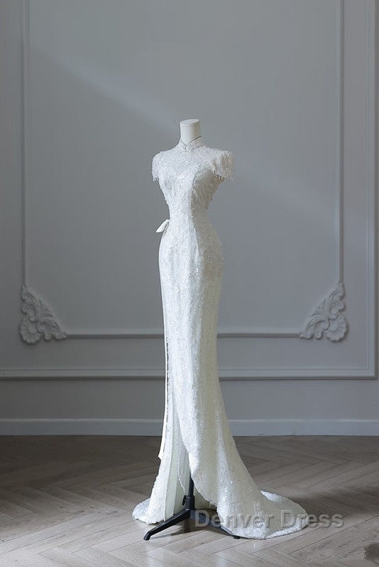 Princess Sheath High Neckline White Sequin Long Wedding Dress Brides Dresses Secondary image