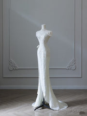 Princess Sheath High Neckline White Sequin Long Wedding Dresses Brides Dress