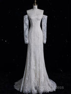 Princess Sheath Off The Shoulder White Lace Long Wedding Dresses Brides Dresses