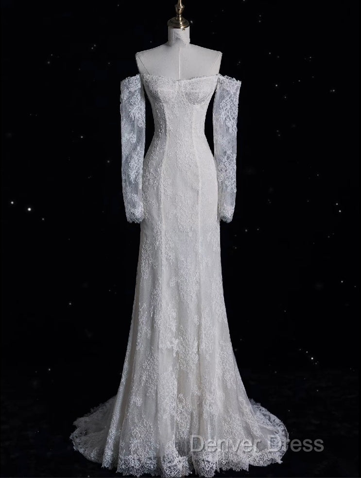 Princess Sheath Off The Shoulder White Lace Long Wedding Dresses Brides Dresses