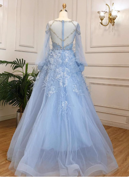 Princess Sky Blue Long Crew Neck Feather Sparkling Diamond Tulle Prom Dresses Evening Dresses Secondary image