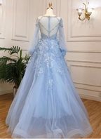 Princess Sky Blue Long Crew Neck Feather Sparkling Diamond Tulle Prom Dresses Evening Dresses