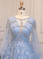 Princess Sky Blue Long Crew Neck Feather Sparkling Diamond Tulle Prom Dresses Evening Dresses