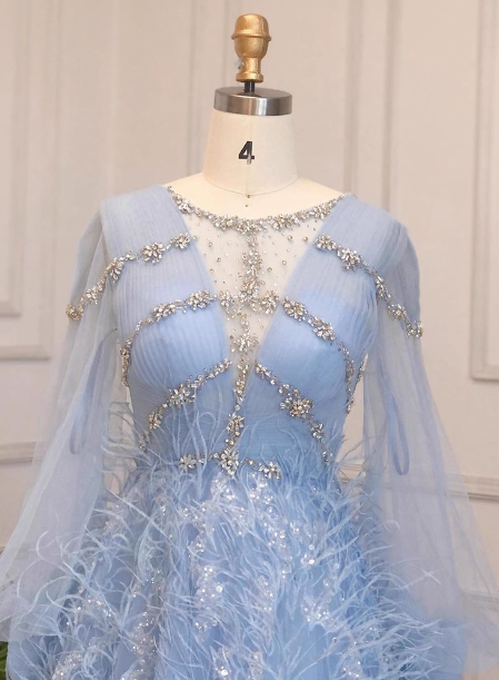 Princess Sky Blue Long Crew Neck Feather Sparkling Diamond Tulle Prom Dresses Evening Dresses