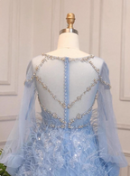 Princess Sky Blue Long Crew Neck Feather Sparkling Diamond Tulle Prom Dresses Evening Dresses