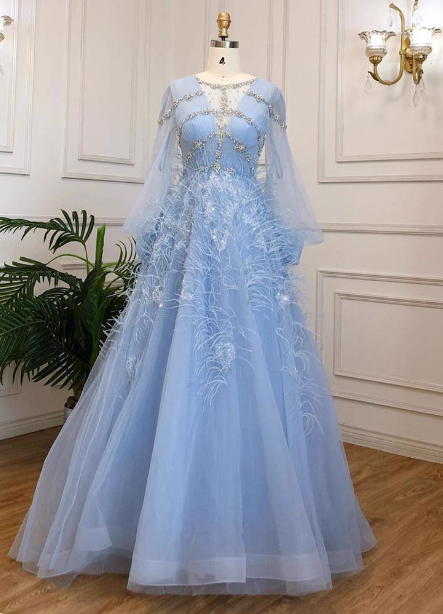 Princess Sky Blue Long Crew Neck Feather Sparkling Diamond Tulle Prom Dresses Evening Dresses Main image