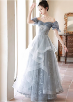 Princess Slate Blue A-Line Puff Sleeve Embroidered Tulle Long Prom Dresses Evening Dresses