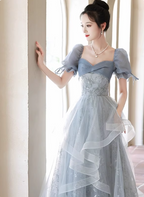 Princess Slate Blue A-Line Puff Sleeve Embroidered Tulle Long Prom Dresses Evening Dresses