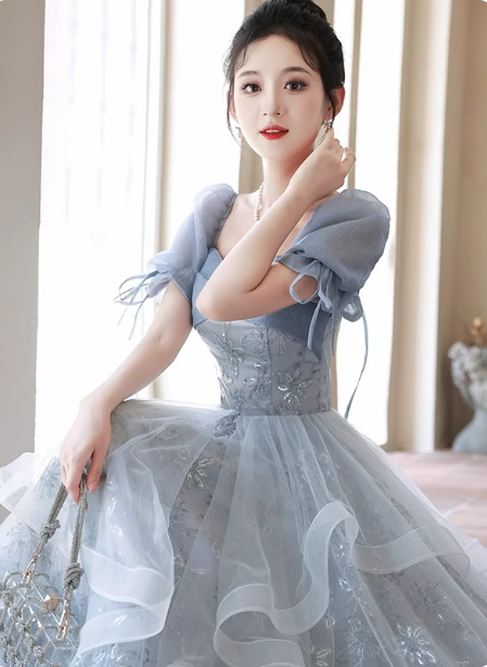 Princess Slate Blue A-Line Puff Sleeve Embroidered Tulle Long Prom Dresses Evening Dresses