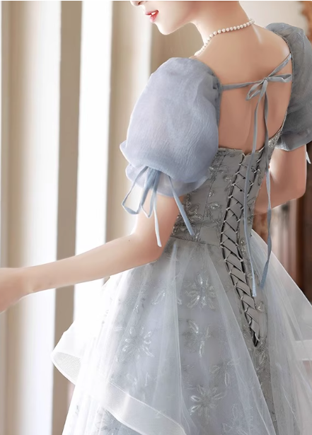 Princess Slate Blue A-Line Puff Sleeve Embroidered Tulle Long Prom Dresses Evening Dresses
