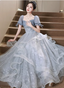 Princess Slate Blue A-Line Puff Sleeve Embroidered Tulle Long Prom Dresses Evening Dresses