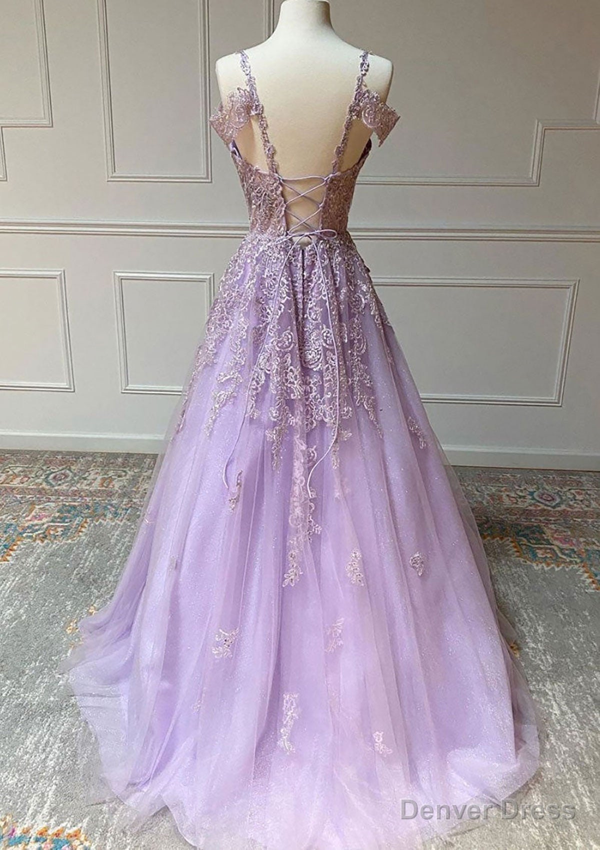 Princess Spaghetti Straps Floor Length Tulle Prom Dresses With Beading Appliqued Secondary image
