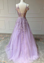 Princess Spaghetti Straps Floor Length Tulle Prom Dresses With Beading Appliqued