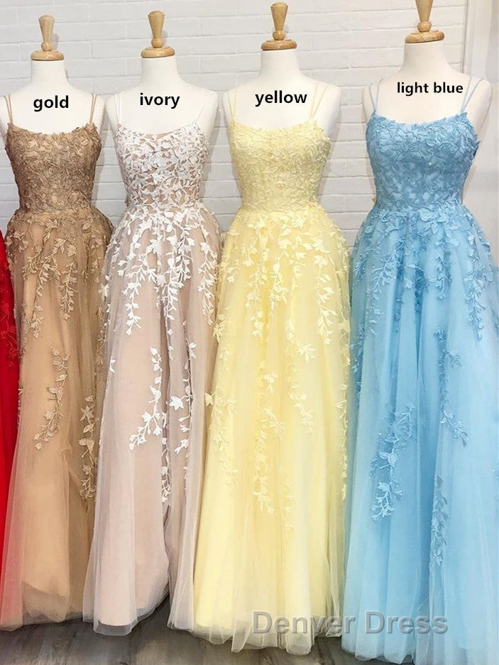 Princess Straps Long Prom Dresses with Lace Appliques,Evening Gowns