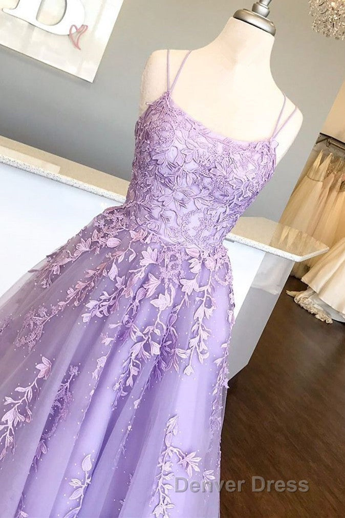 Princess Straps Long Prom Dresses with Lace Appliques,Evening Gowns