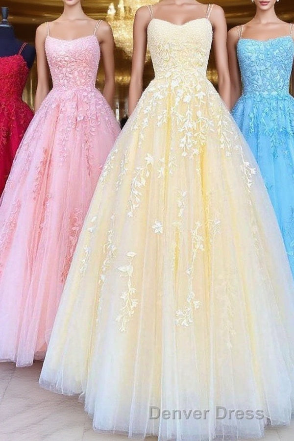 Princess Straps Long Prom Dresses with Lace Appliques,Evening Gowns Main image