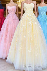 Princess Straps Long Prom Dresses with Lace Appliques,Evening Gowns