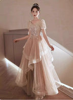 Princess Sweet Champagne Nude A-Line Puff Short Sleeve Layered Tulle Long Prom Dresses Evening Dresses