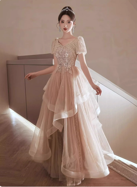 Princess Sweet Champagne Nude A-Line Puff Short Sleeve Layered Tulle Long Prom Dresses Evening Dresses