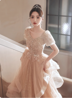 Princess Sweet Champagne Nude A-Line Puff Short Sleeve Layered Tulle Long Prom Dresses Evening Dresses