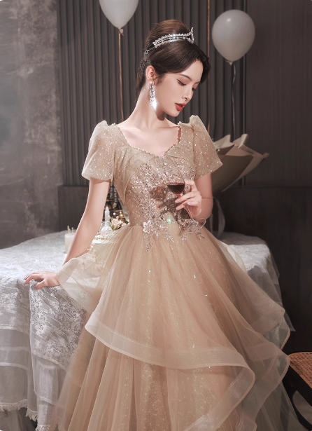 Princess Sweet Champagne Nude A-Line Puff Short Sleeve Layered Tulle Long Prom Dresses Evening Dresses