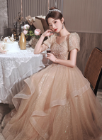 Princess Sweet Champagne Nude A-Line Puff Short Sleeve Layered Tulle Long Prom Dresses Evening Dresses