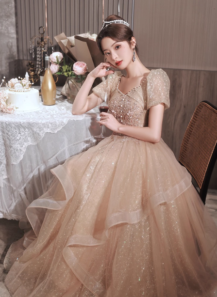 Princess Sweet Champagne Nude A-Line Puff Short Sleeve Layered Tulle Long Prom Dresses Evening Dresses