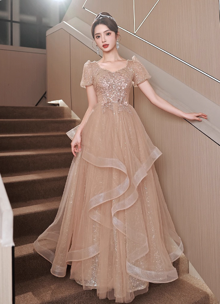 Princess Sweet Champagne Nude A-Line Puff Short Sleeve Layered Tulle Long Prom Dresses Evening Dresses Main image