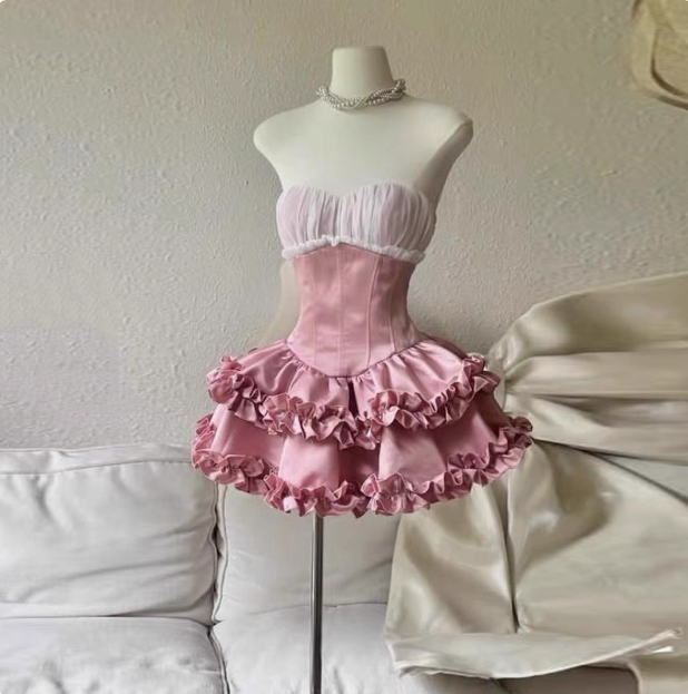 Princess Tube Top Fishbone Waist Ruffled Puffy Birthday Skirt Homecoming Dresses