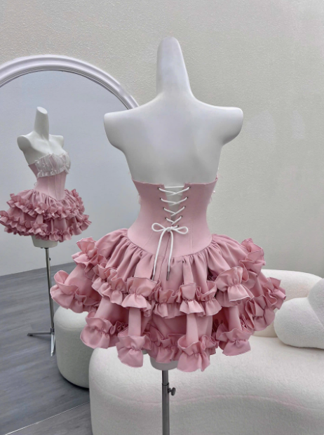 Princess Tube Top Fishbone Waist Ruffled Puffy Birthday Skirt Homecoming Dresses