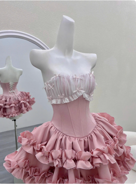 Princess Tube Top Fishbone Waist Ruffled Puffy Birthday Skirt Homecoming Dresses