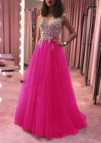 Princess V Neck Court Train Tulle Prom Dresses With Appliqued Beading