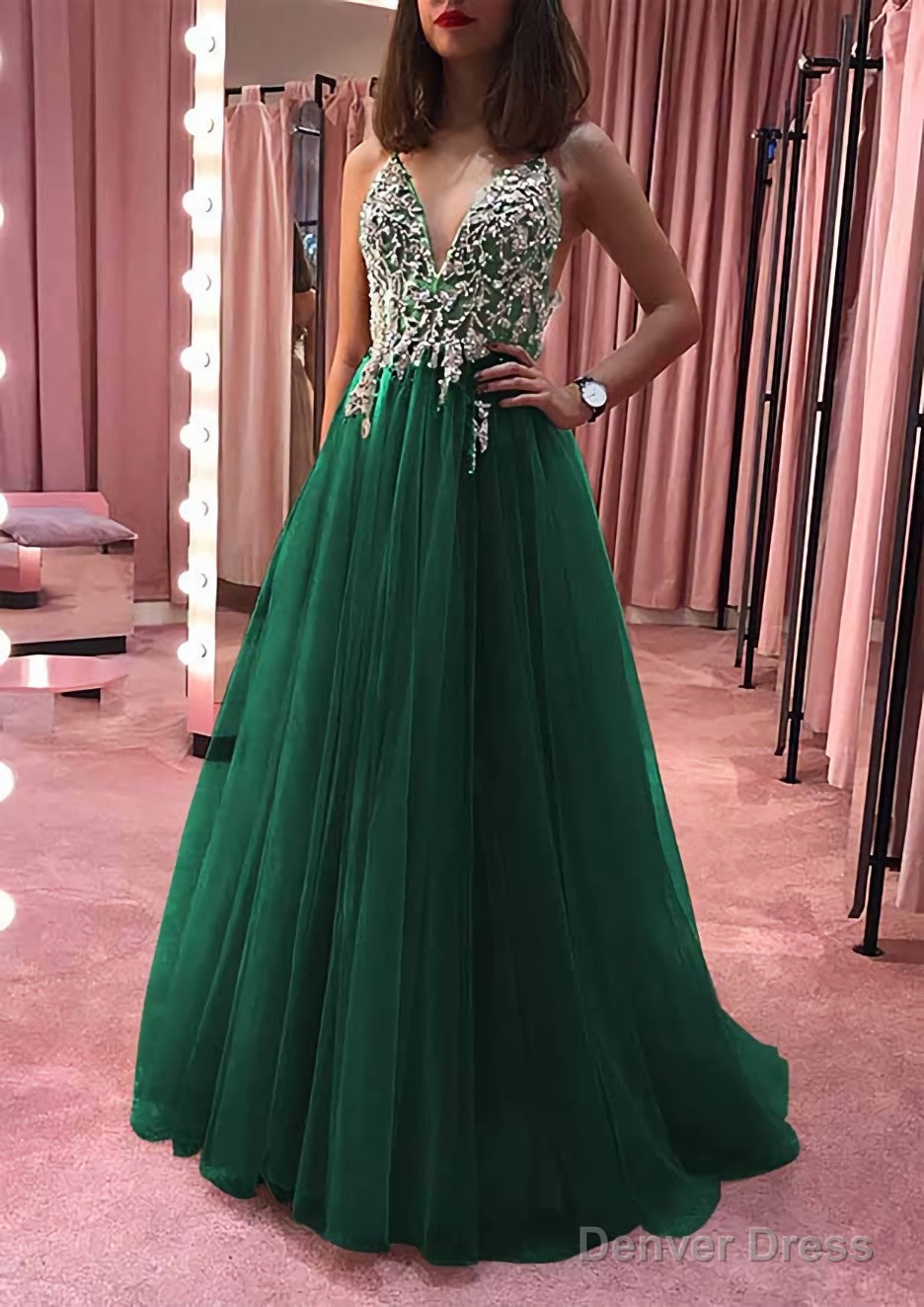 Princess V Neck Court Train Tulle Prom Dresses With Appliqued Beading