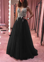 Princess V Neck Court Train Tulle Prom Dresses With Appliqued Beading