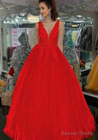 Princess V Neck Long Floor Length Tulle Prom Dresses With Appliqued