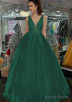 Princess V Neck Long Floor Length Tulle Prom Dresses With Appliqued