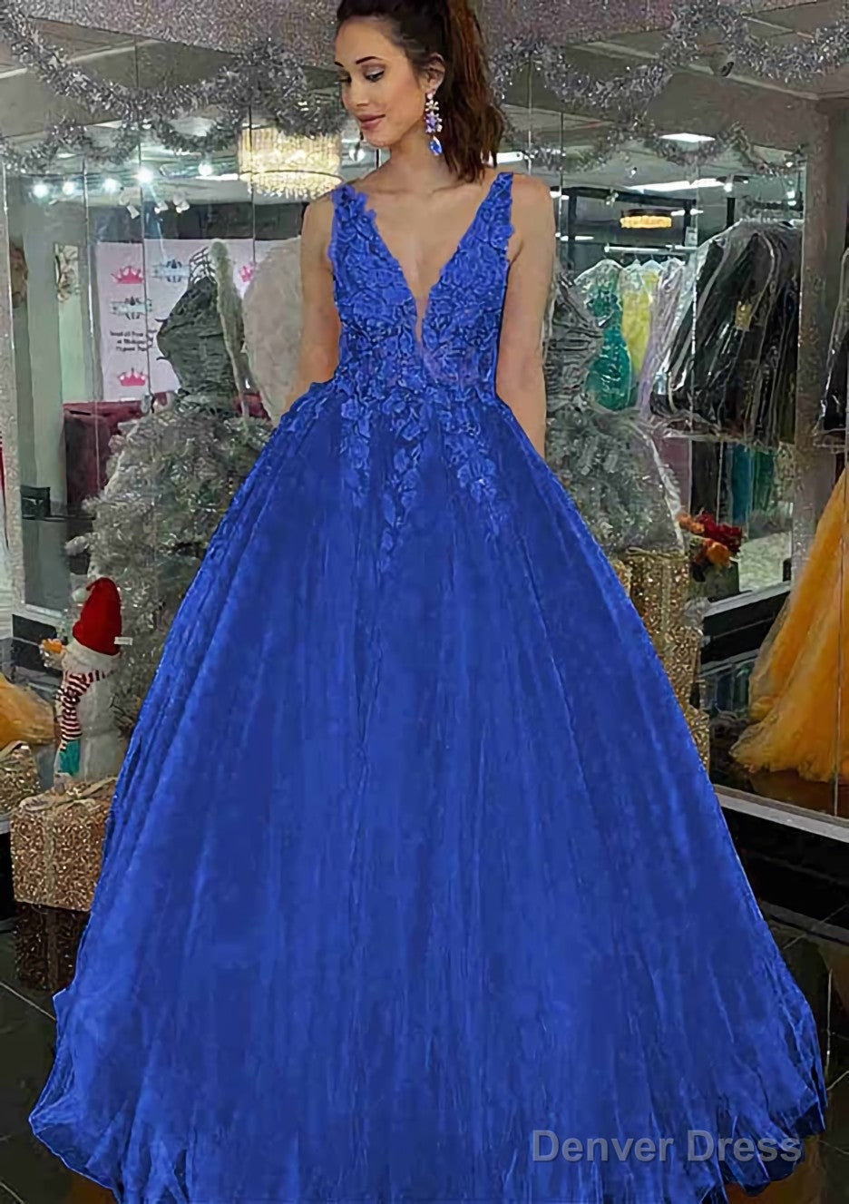 Princess V Neck Long Floor Length Tulle Prom Dresses With Appliqued