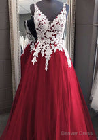 Princess V Neck Long Floor Length Tulle Prom Dresses With Appliqued Lace