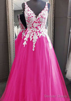 Princess V Neck Long Floor Length Tulle Prom Dresses With Appliqued Lace
