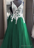 Princess V Neck Long Floor Length Tulle Prom Dresses With Appliqued Lace