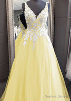 Princess V Neck Long Floor Length Tulle Prom Dresses With Appliqued Lace